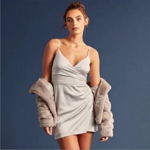 Abercrombie & Fitch Silver Satin Ruched Faux Wrap Mini Dress Size XL